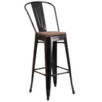 Flash Furniture Lily 30" High Black-Antique Gold Metal Barstool with Back and Wood Seat