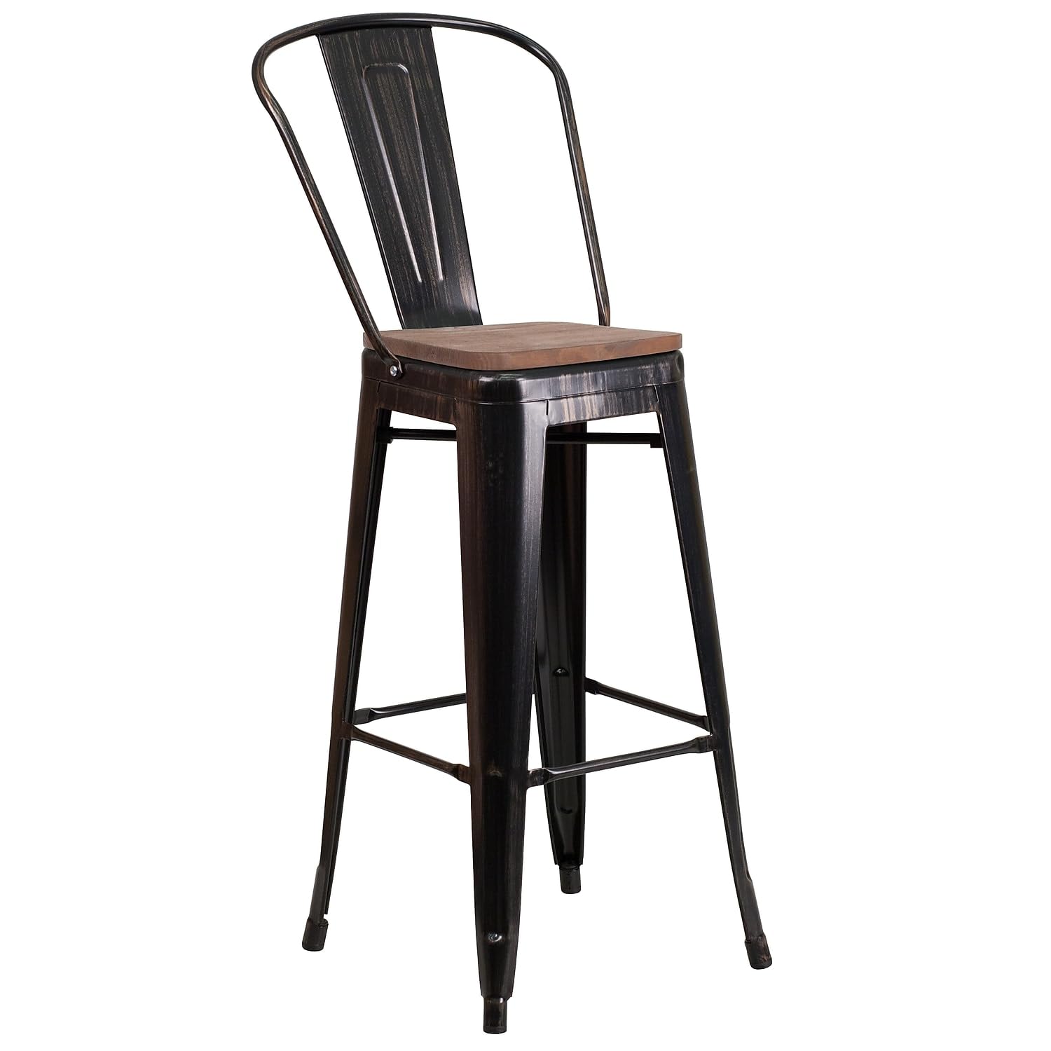 Flash Furniture Lily 30" High Black-Antique Gold Metal Barstool with Back and Wood Seat