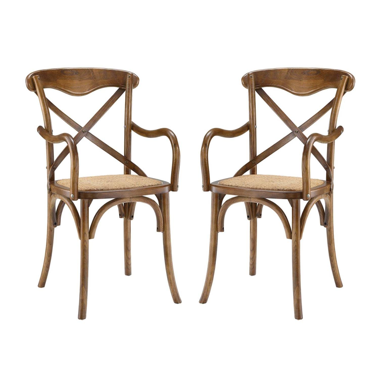 Modway Gear Rustic Modern Farmhouse Elm Wood Rattan Two Dining Armchairs In Walnut