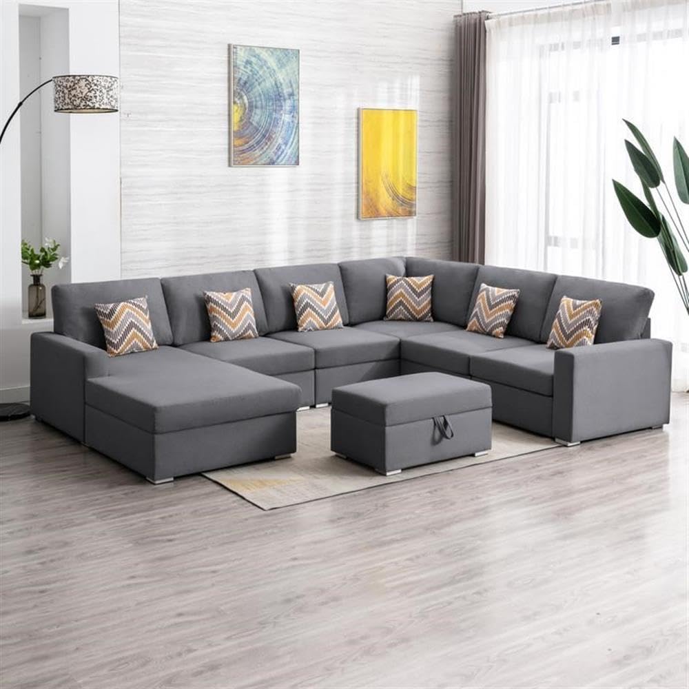 Lilola Home Nolan Gray Linen Fabric 7Pc Reversible Chaise Sectional Sofa with Interchangeable Legs, Pillows and Storage Ottoman