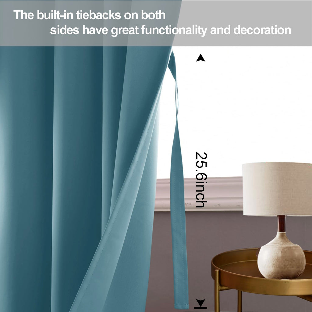 Jiuzhen Stone Blue Blackout Curtains With Tiebacks Thermal Insulated, Light Blocking And Noise Reducing Grommet Curtains For And Living Room, Set Of 2 Window Curtain Panels, 52 X 84 Inch Length