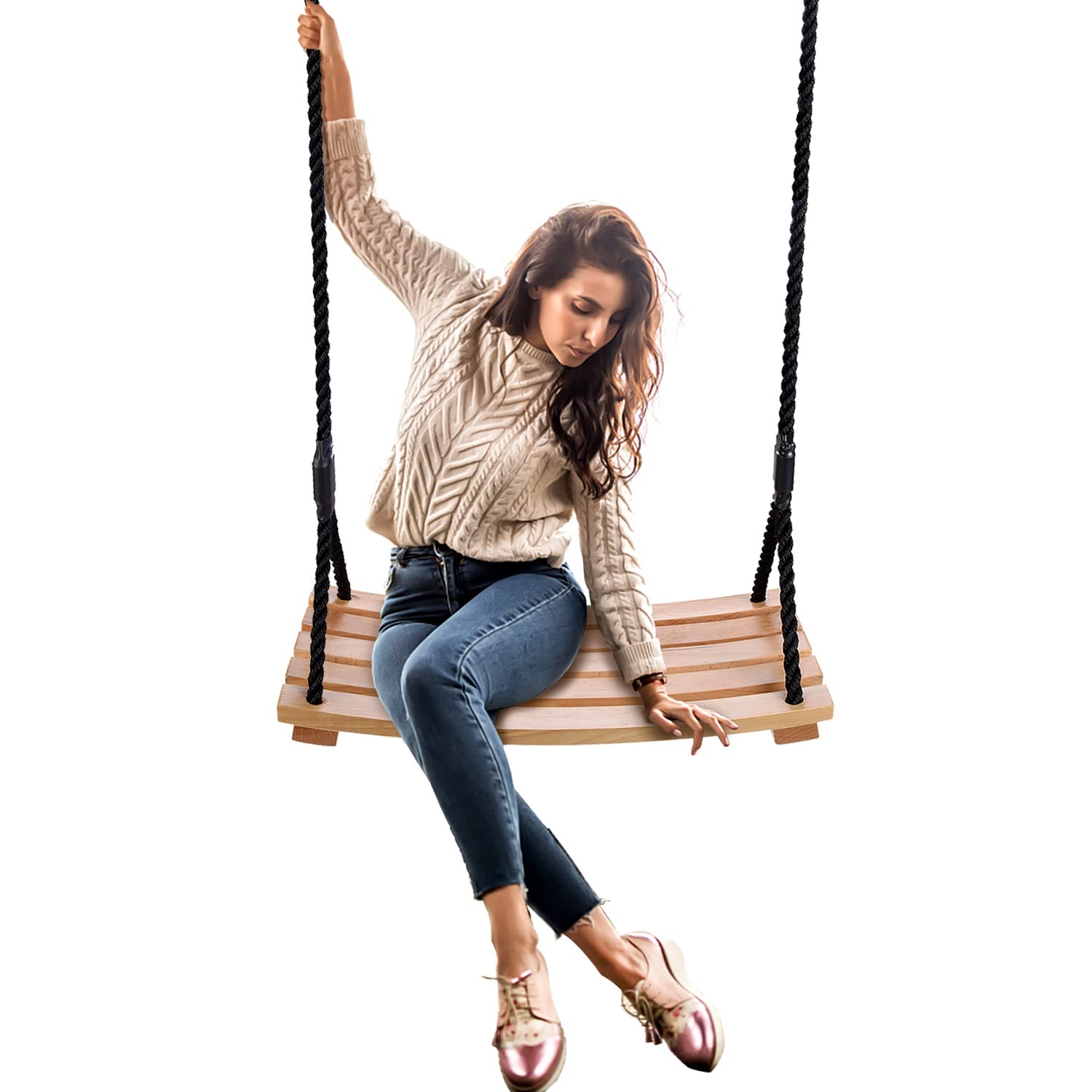 Taeku Adult Tree Swing, Hanging Beech Wood Swings With Adjustable Rope Garden Chair Seat Swing For Indoor Outdoor (24''X10'')