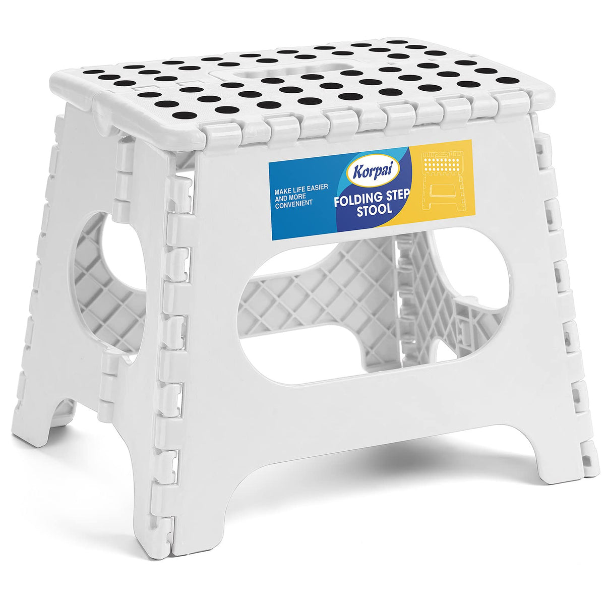 Korpai 11' Folding Step Stool For Adults And Kids Holds Up To 300 Lbs,Non-Slip Folding Stools With Portable Handle, Compact Plastic Foldable Step Stool For Bathroom,Bedroom, Kitchen,White,1Pc