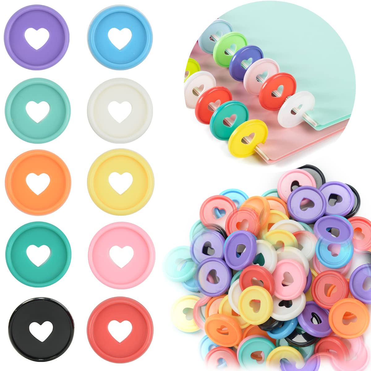 60 Pcs Plastic Loose Leaf Binder Discs, 6 Colors Discbound Expansion Discs Heart Binder Rings For For Add Extra Pages, Notes Or