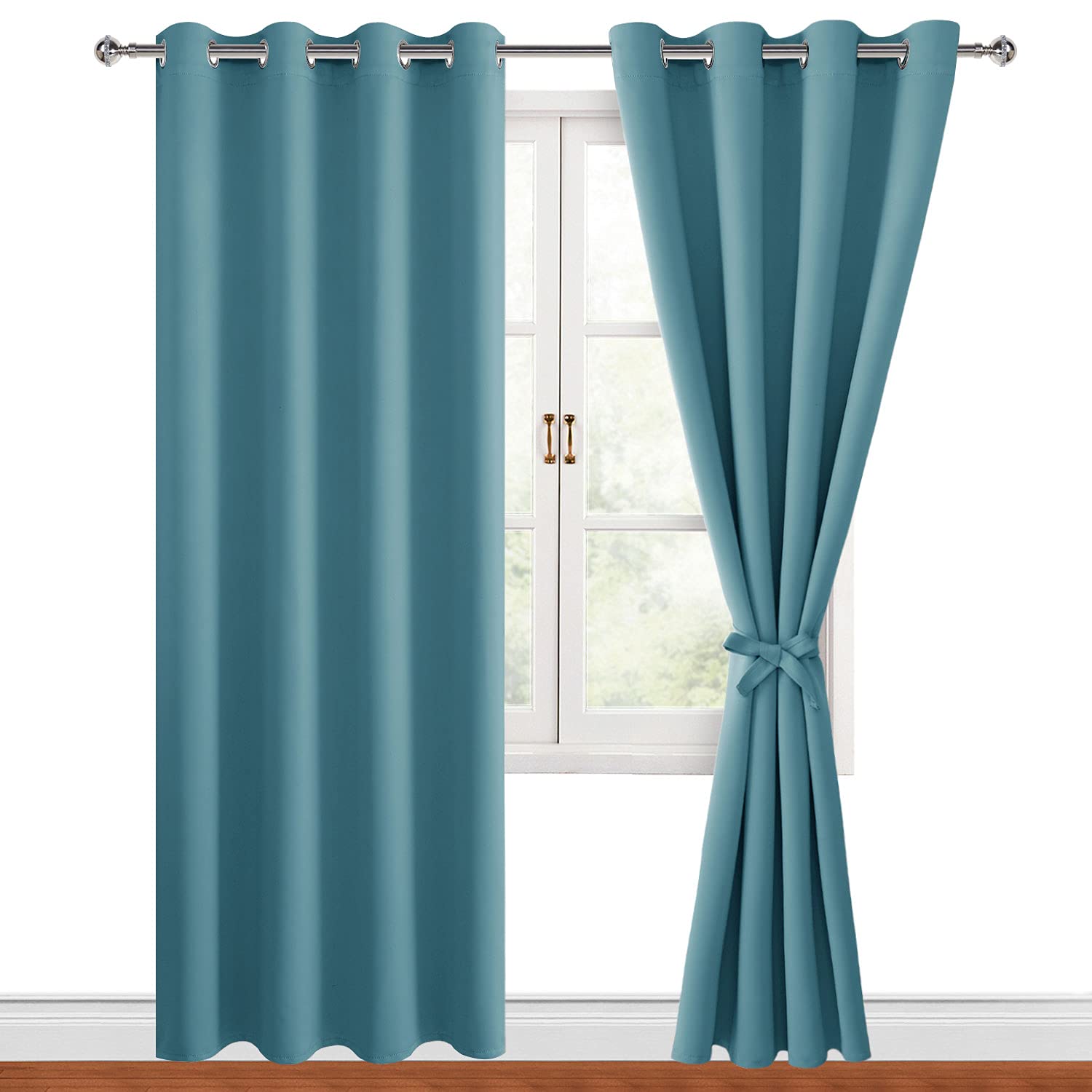 Hiasan Blackout Curtains For Bedroom, 52 X 96 Inches Long - Thermal Insulated & Light Blocking Window Curtains For Living Room, 2 Drape Panels Sewn With Tiebacks, Turquoise