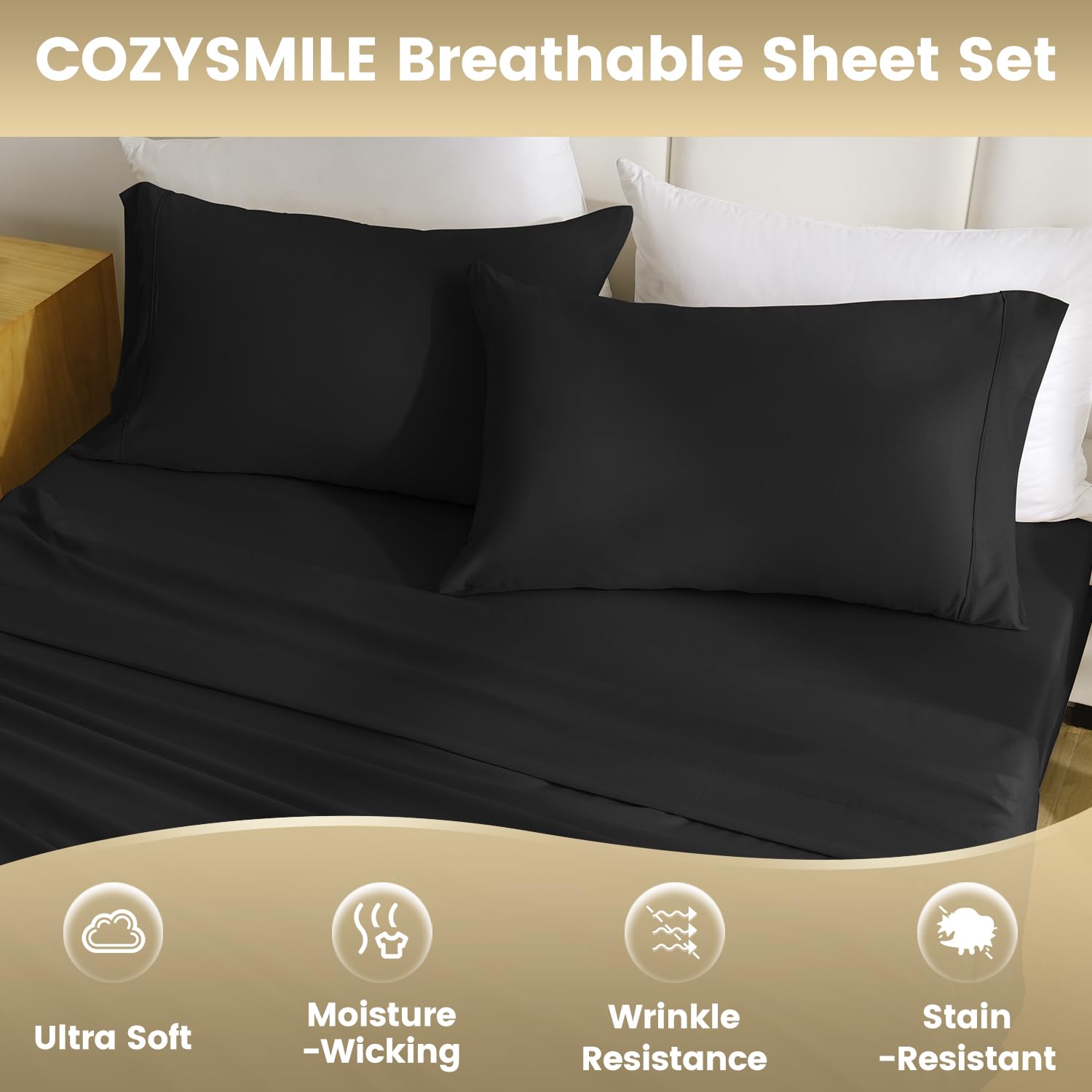 Cozysmile Silky Soft King Size Sheet Set - Luxury 4 Piece Breathable Cooling Sheets For King Size Bed, 16'' Deep Pocket Easy Car