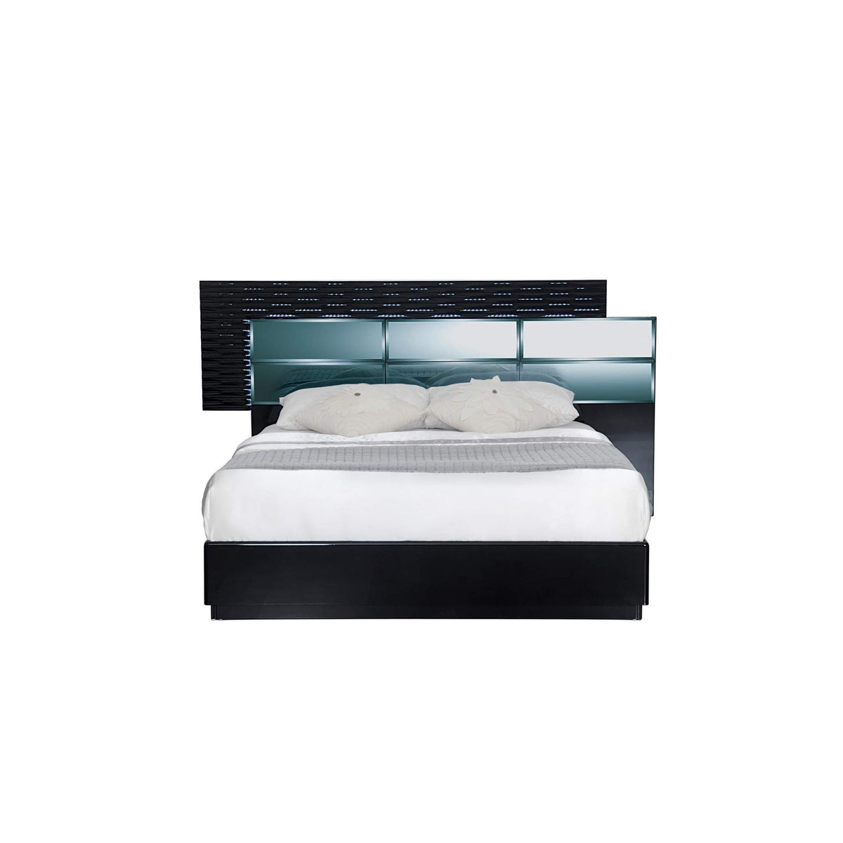 HomeRoots Rubberwood Modern Black Queen Bed with Headboard LED Lightning Smoked Mirrored Panels