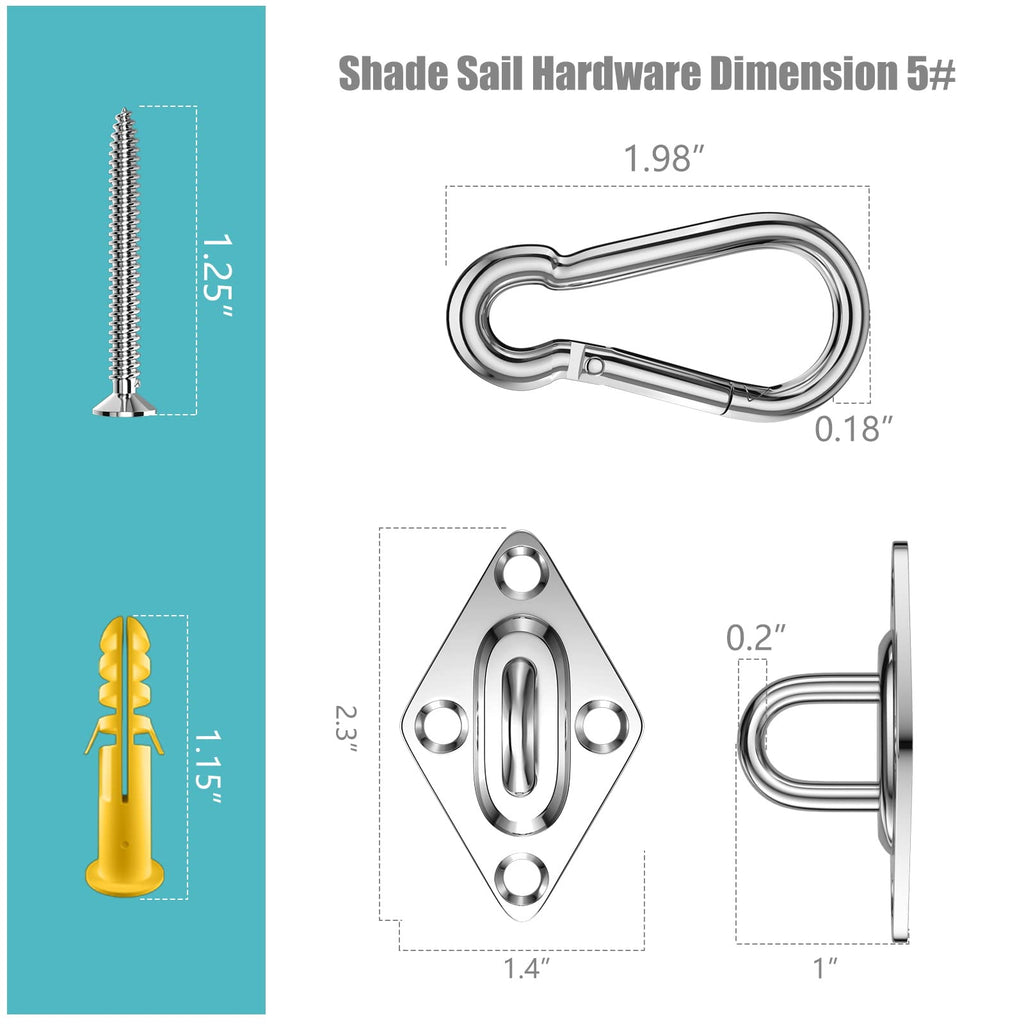 Fzeneast Shade Sail Hardware Kit, 5 Inch Super Heavy Duty 304 Marine Grade Stainless Steel Sun Shade Hardware Kit For Triangle/Rectangle/Square Sun Shade Sails Installation (40 Pcs)