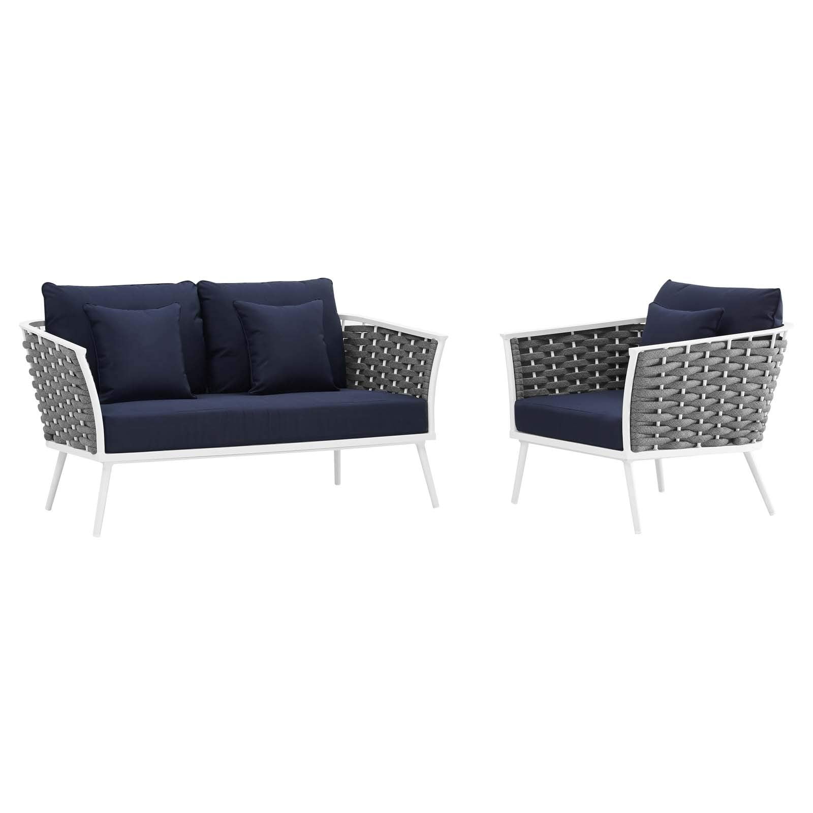Modway Stance Outdoor Patio Aluminum, Loveseat And Armchair, White Navy