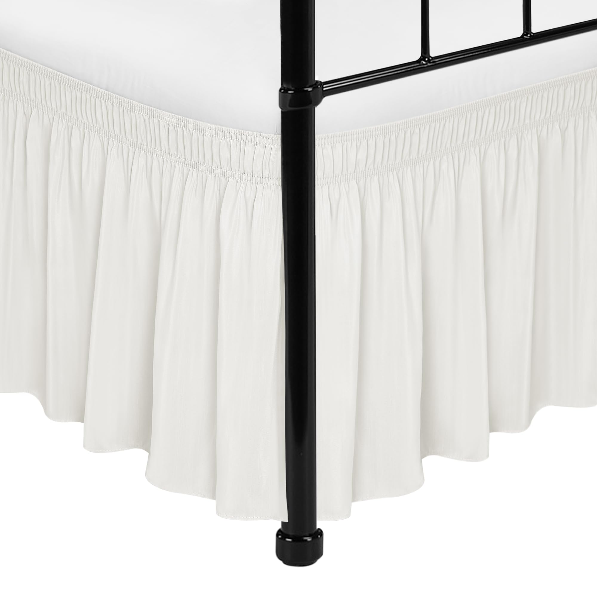 Biscaynebay Wrap Around Bed Skirts With Split Corners For Full Beds 14' Drop, Ivory Elastic Dust Ruffles Adjustable Easy Fit Wr