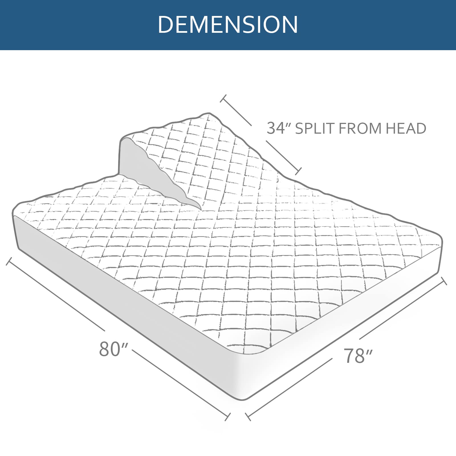 Waterproof Split Top King Mattress Pad Protector For Adjustable Bed, 34' Top Split From Head, Noiseless, Soft Padded Matress Protector