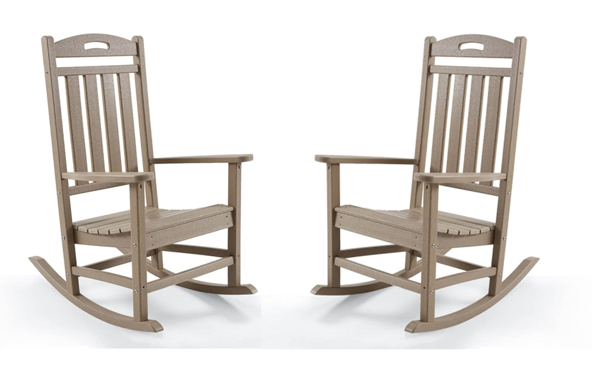 Outdoor Rocking Chairs Set Of 2, Looks Like Wood, High Back Poly Lumber Patio Rocker Chair, 365Lbs Support Rocking Chairs, All-Weather Porch Rocking Chair For Lawn, Backyard, Indoor, Garden, Wood