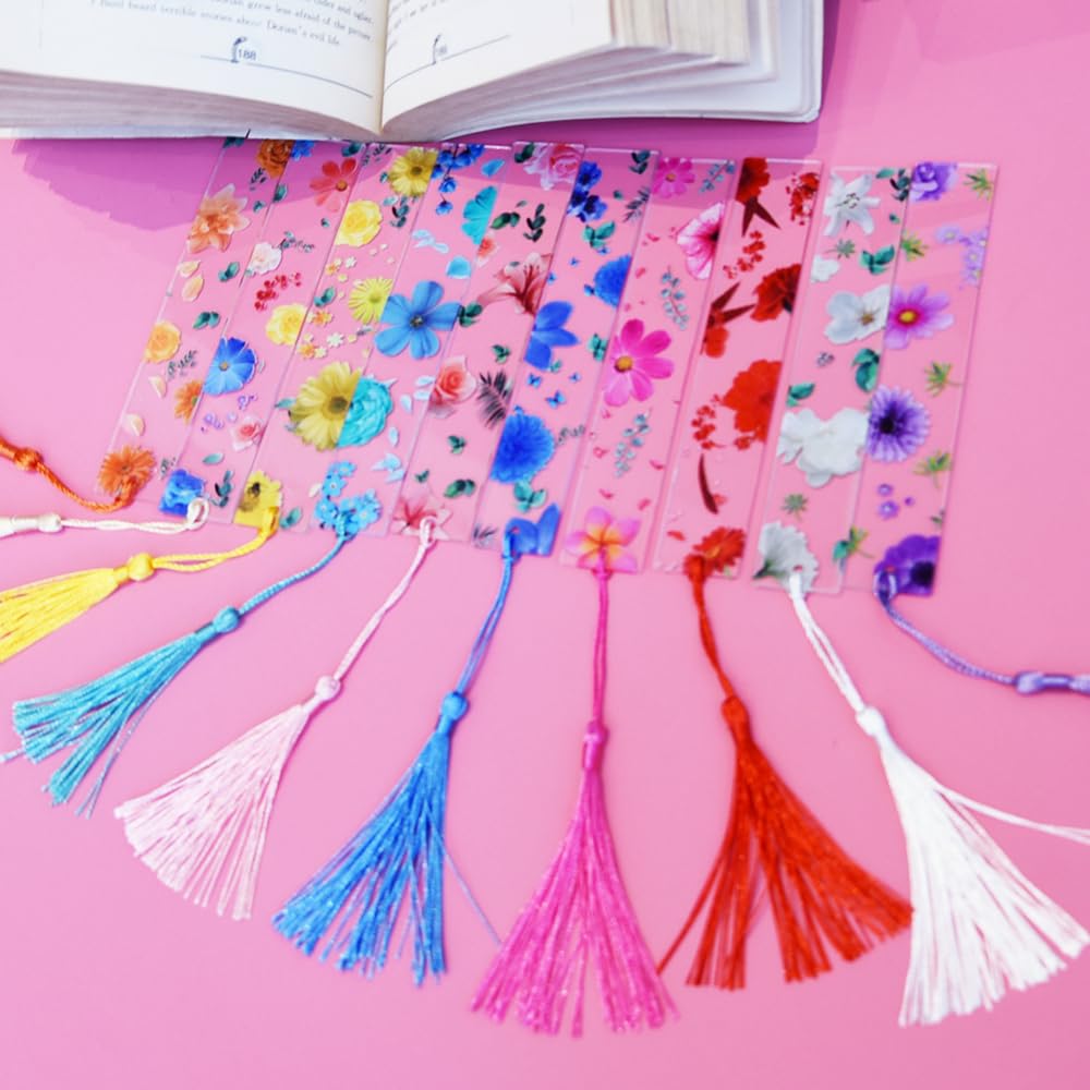 20 Pieces Floral Bookmarks With Colorful Tassels, Cute Transparent Page Marker Acrylic Flower Book Markers For Women Readers Tea