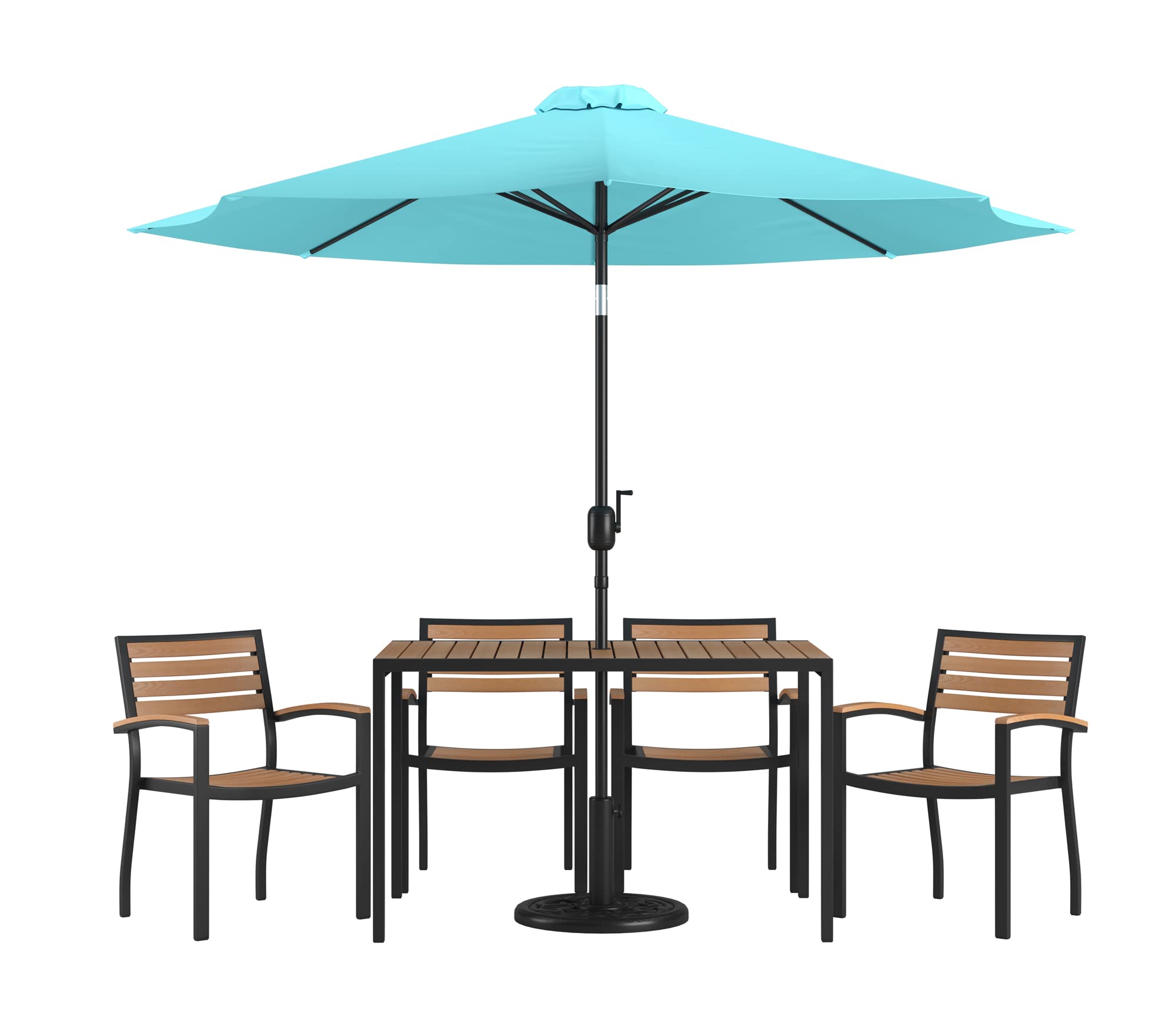 Flash Furniture Lark 7 Piece Outdoor Patio Dining Table Set - 4 Synthetic Teak Stackable Chairs with Arms - 30&quot; x 48&quot; Table - Teal Umbrella with Base