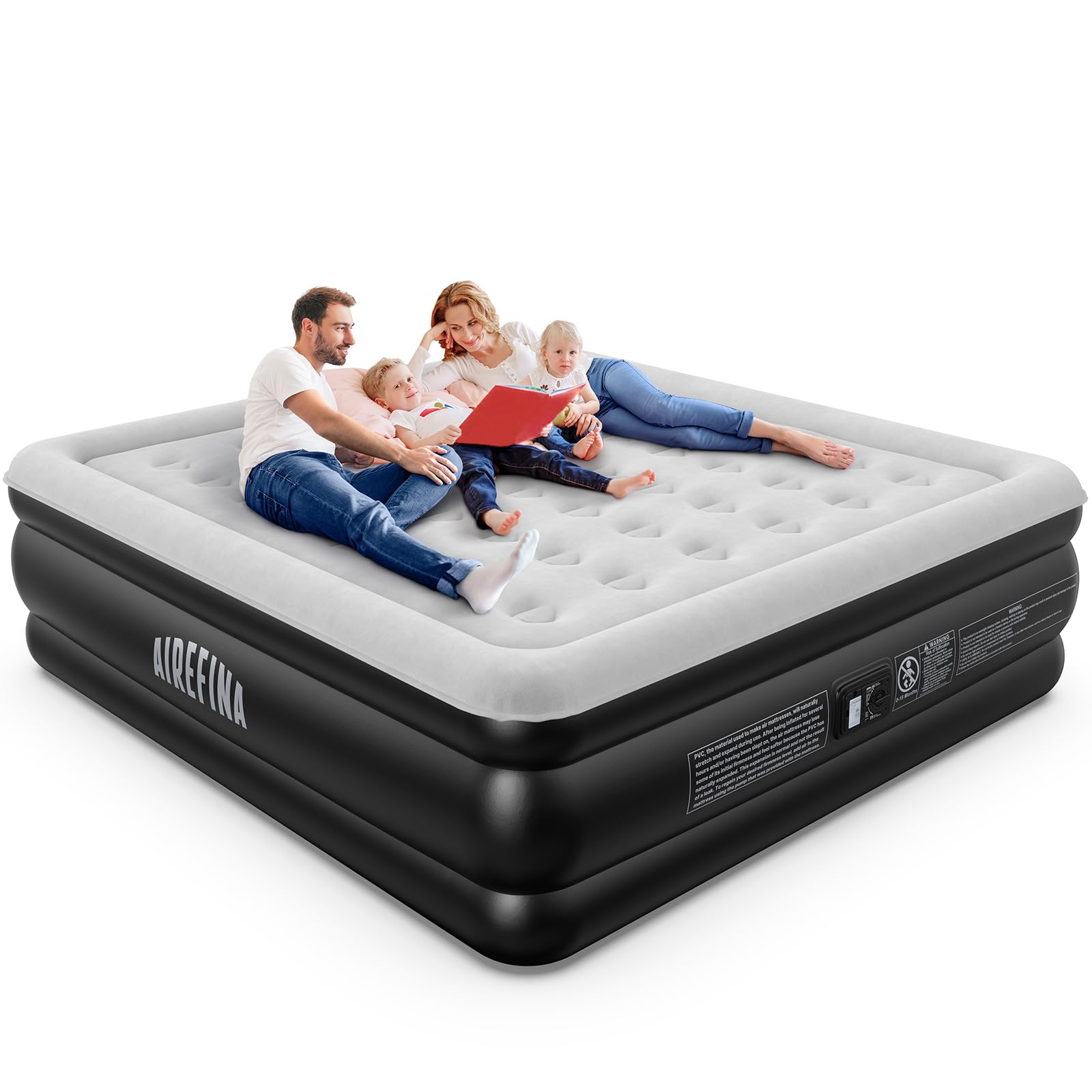 Airefina King Size Air Mattress with Built-in Pump, 18 Inflatable Grey Mattress for Easy Inflation/Deflation, Portable with Carrying Bag