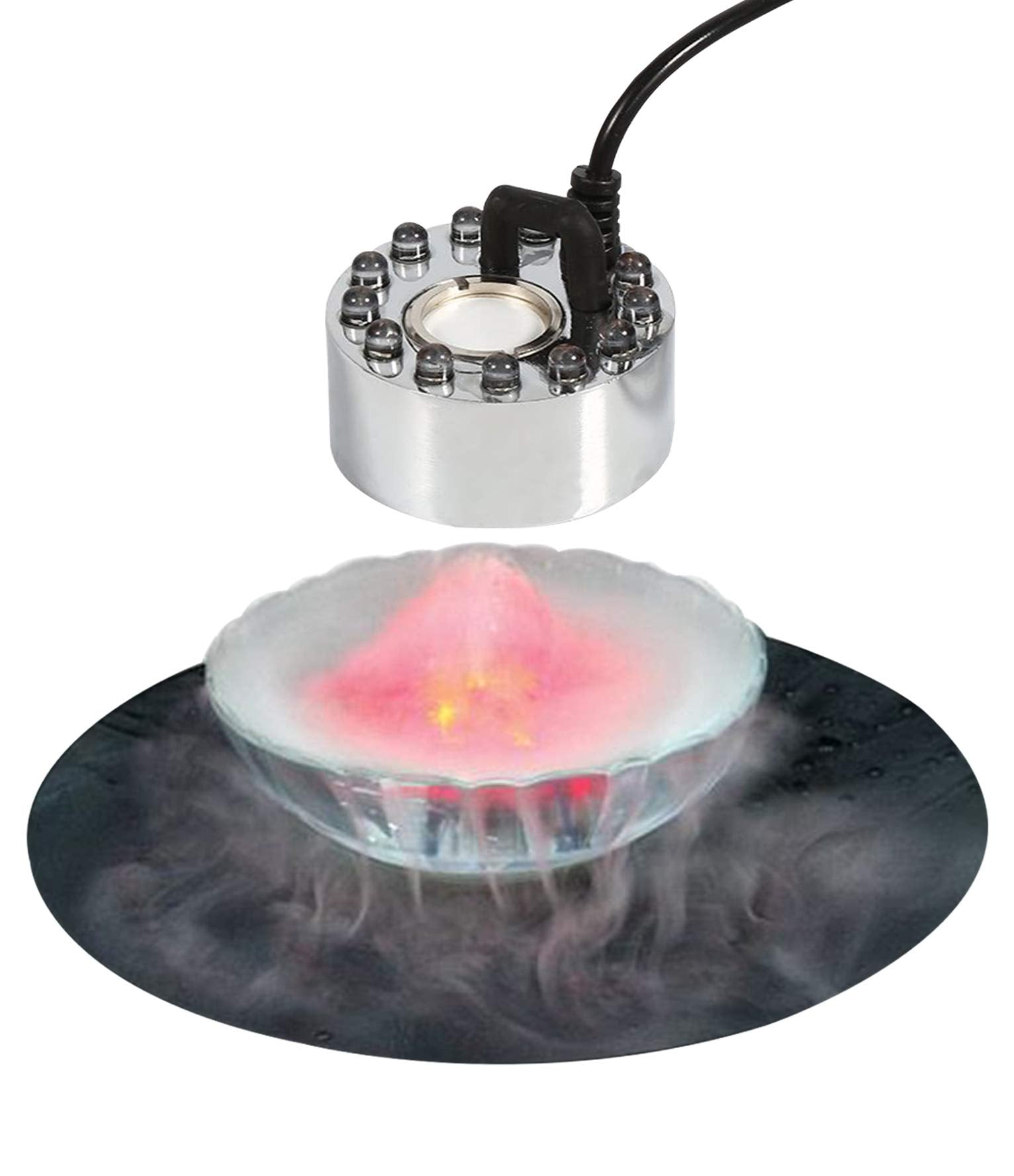 Akeydeco Halloween Party Mist Maker,Ultrasonic Water Pond Fountain Fogger 9 LED Red Yellow and Blue Light Flashes Aluminum Atomi