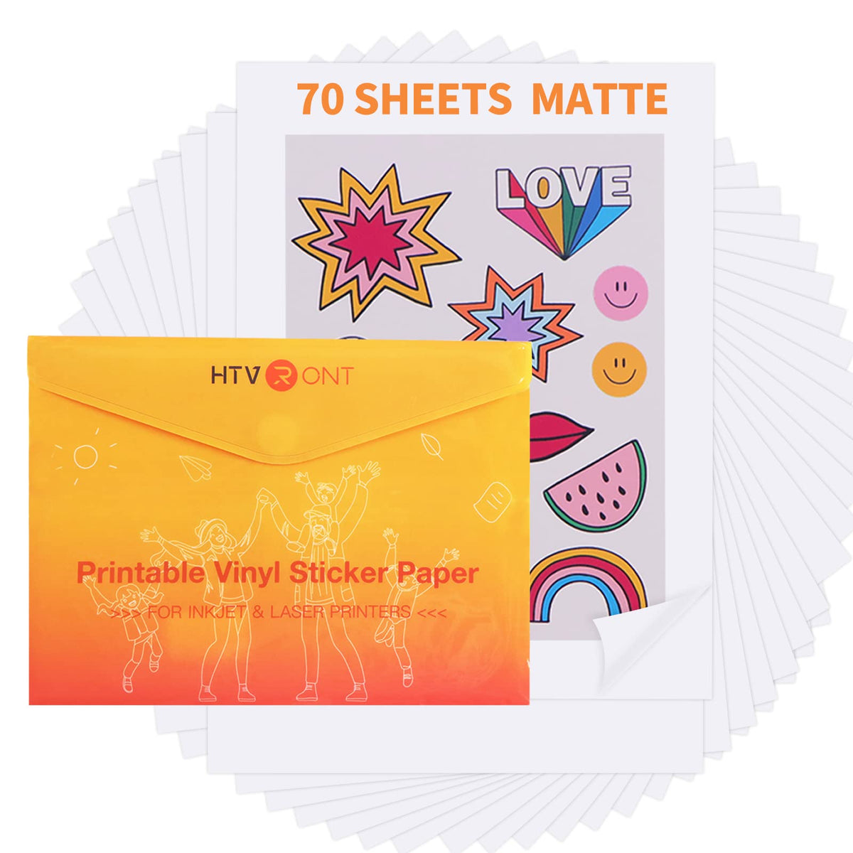 Htvront Printable Vinyl Sticker Paper - 70 Sheets Matte Sticker Paper For Inkjet Printer & Laser Printer , 100 G Waterproof Stic