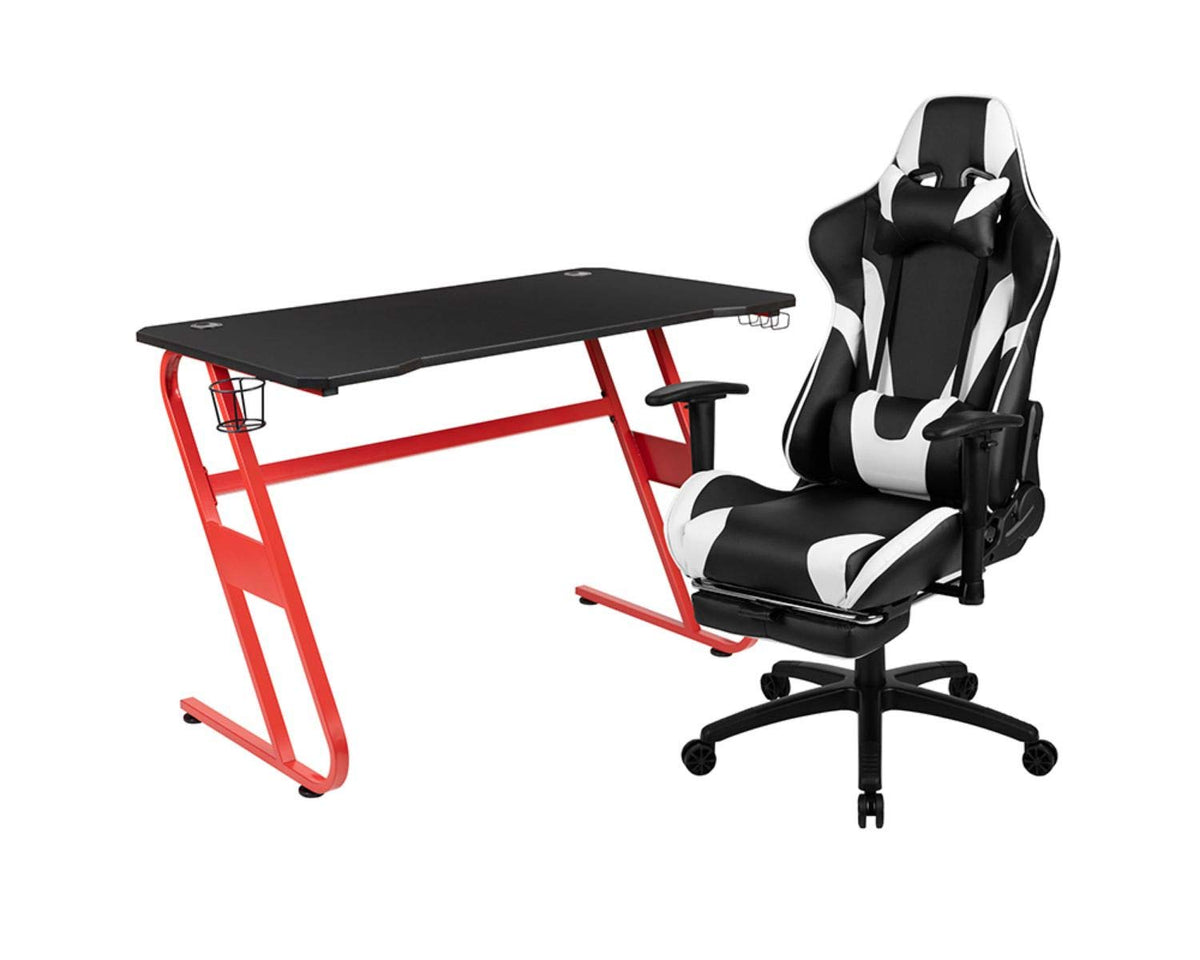 Flash Furniture Red Gaming Desk And Black Footrest Reclining Gaming Chair Set With Cup Holder And Headphone Hook