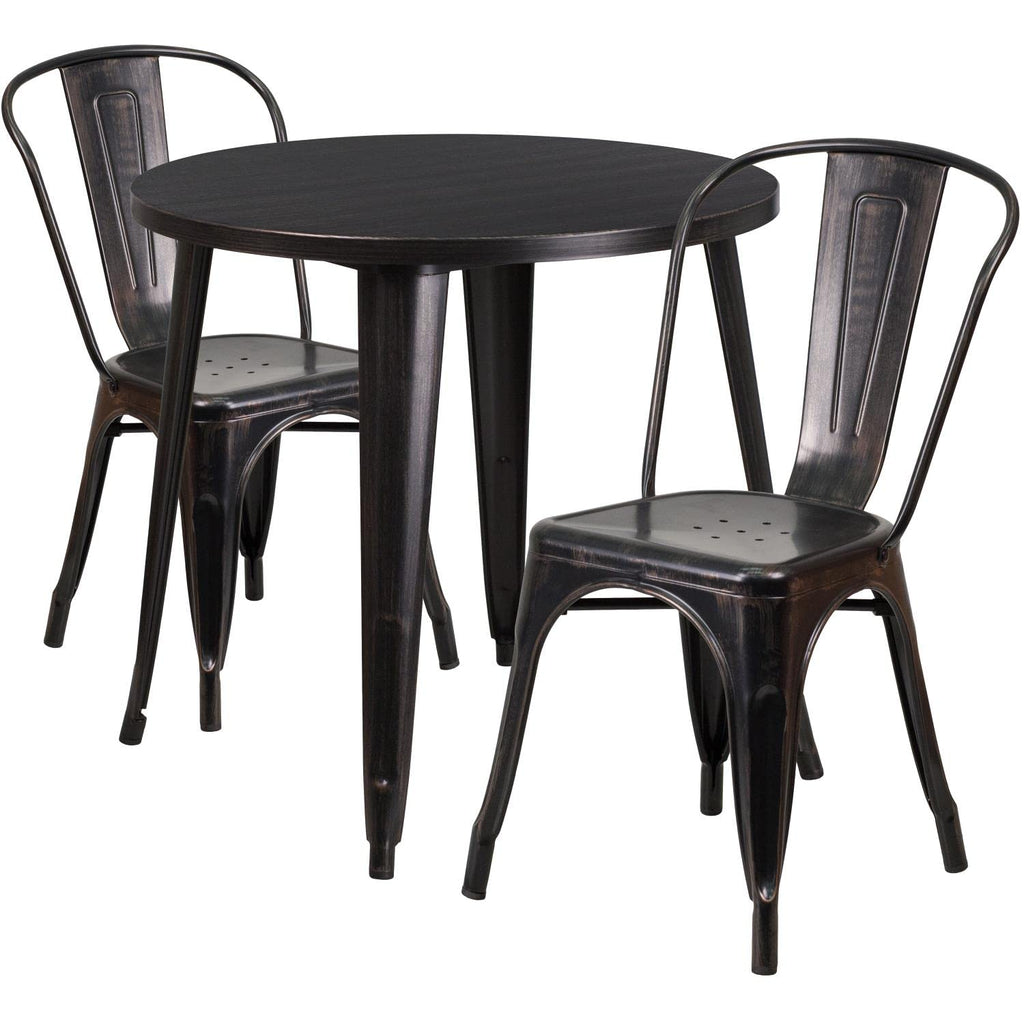 Flash Furniture Commercial Grade 30" Round Black-Antique Gold Metal Indoor-Outdoor Table Set With 2 Cafe Chairs