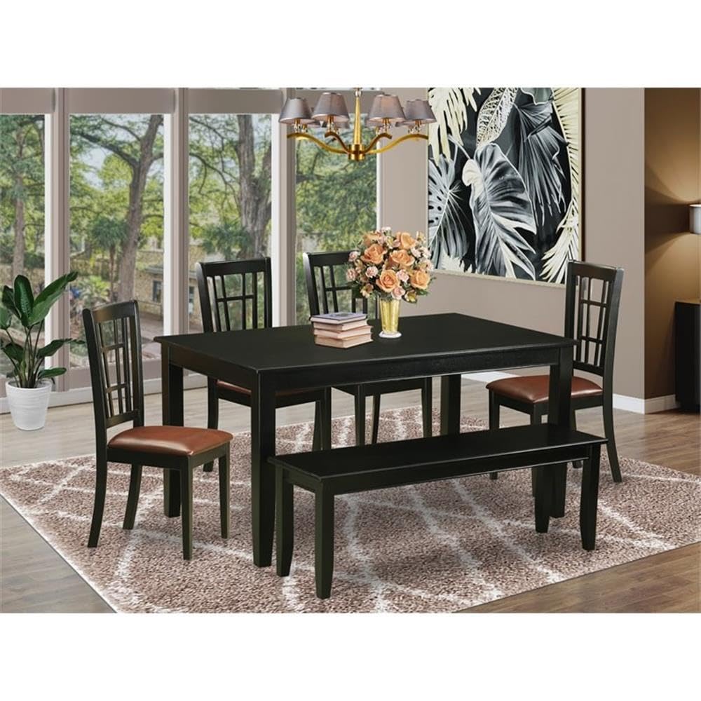 East West Furniture DUNI6-BLK-LC 6 Piece Kitchen Table & Chairs Set Contains a Rectangle Dining Table and 4 Faux Leather Dining Room Chairs with a Bench, 36x60 Inch, Black