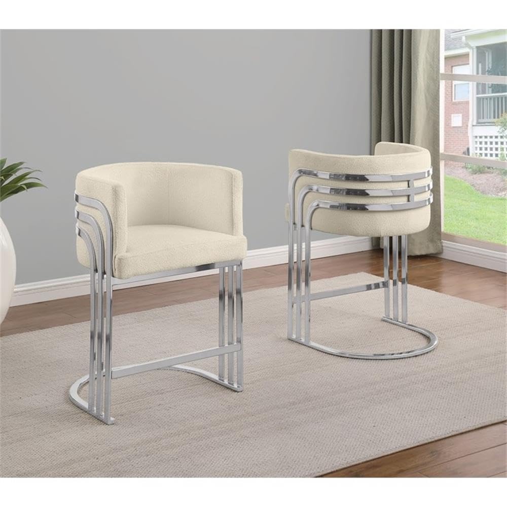 Best Quality Furniture Modern Teddy Fabric Bar Stools with Chrome Legs - Cream - Elegant Barrel Design with Silver Frame - Set of 2 - Perfect for Dining Room, Bar, Office, or Living Room