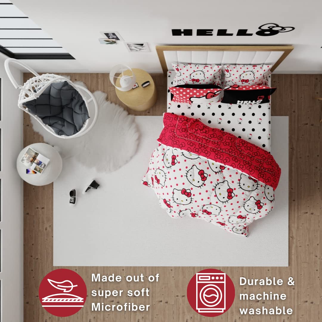 Franco Sanrio Hello Kitty Polka Dot Bedding 7 Piece Super Soft Comforter And Sheet Set With Sham, Queen, (100% Official Licensed