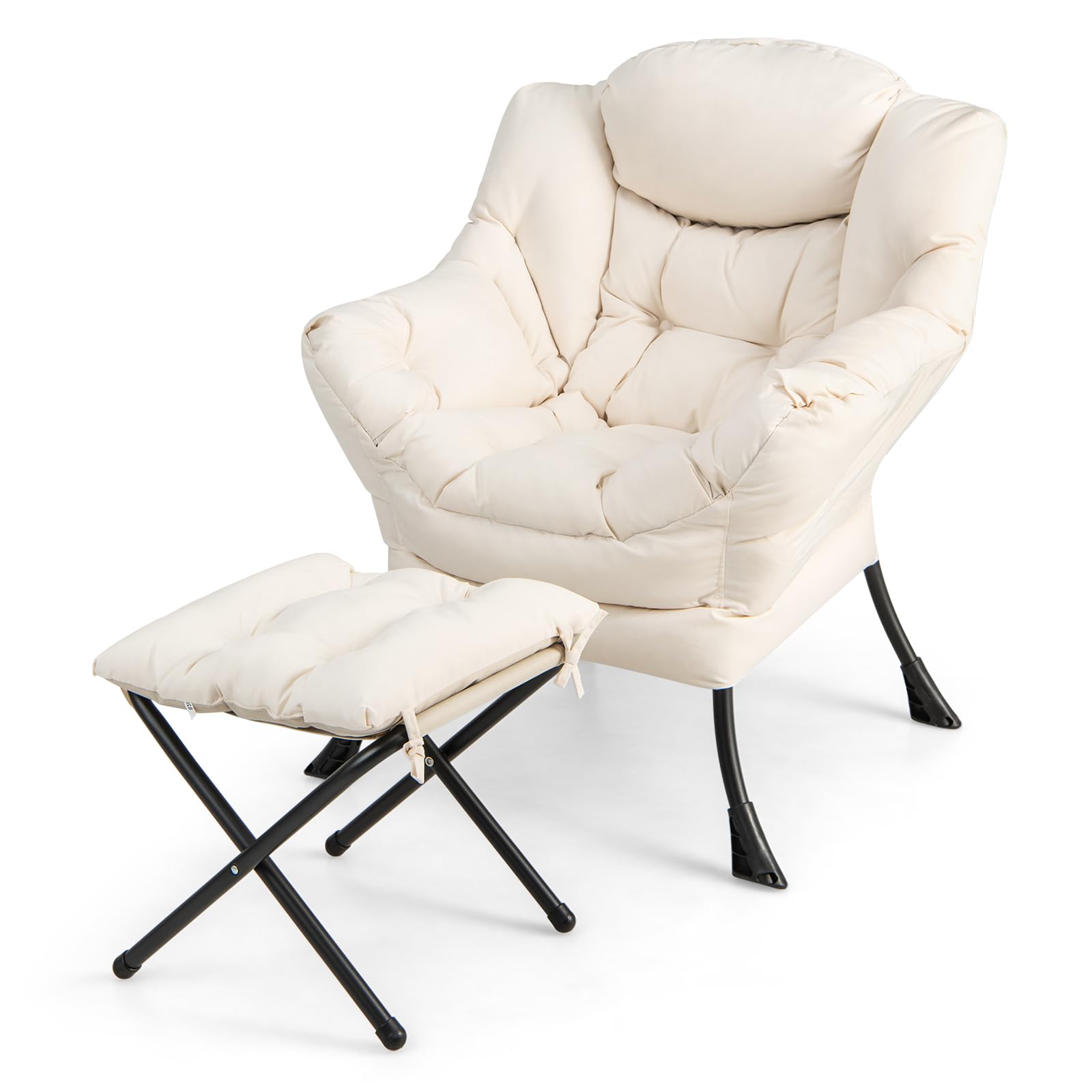Gorelax Lazy Chair With Ottoman, Modern Accent Chair W/Armrests & Side Pocket, Upholstered Lounge Sofa Chair & Folding Footstool Set, Reading Chair For Bedroom, Living Room, Dorm Room (Beige)