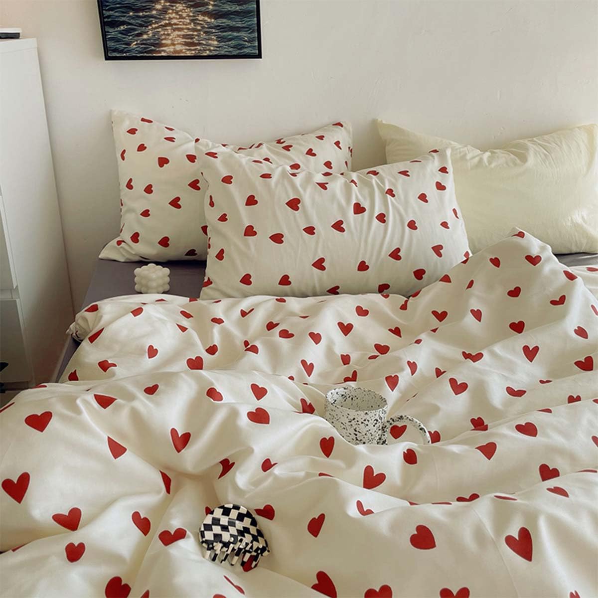 Nayoroom Heart Duvet Cover Queen Size Cute Red Love Heart Printed On White Bedding Set 3Pcs Kids Girls Kawaii Heart-Shaped Patte