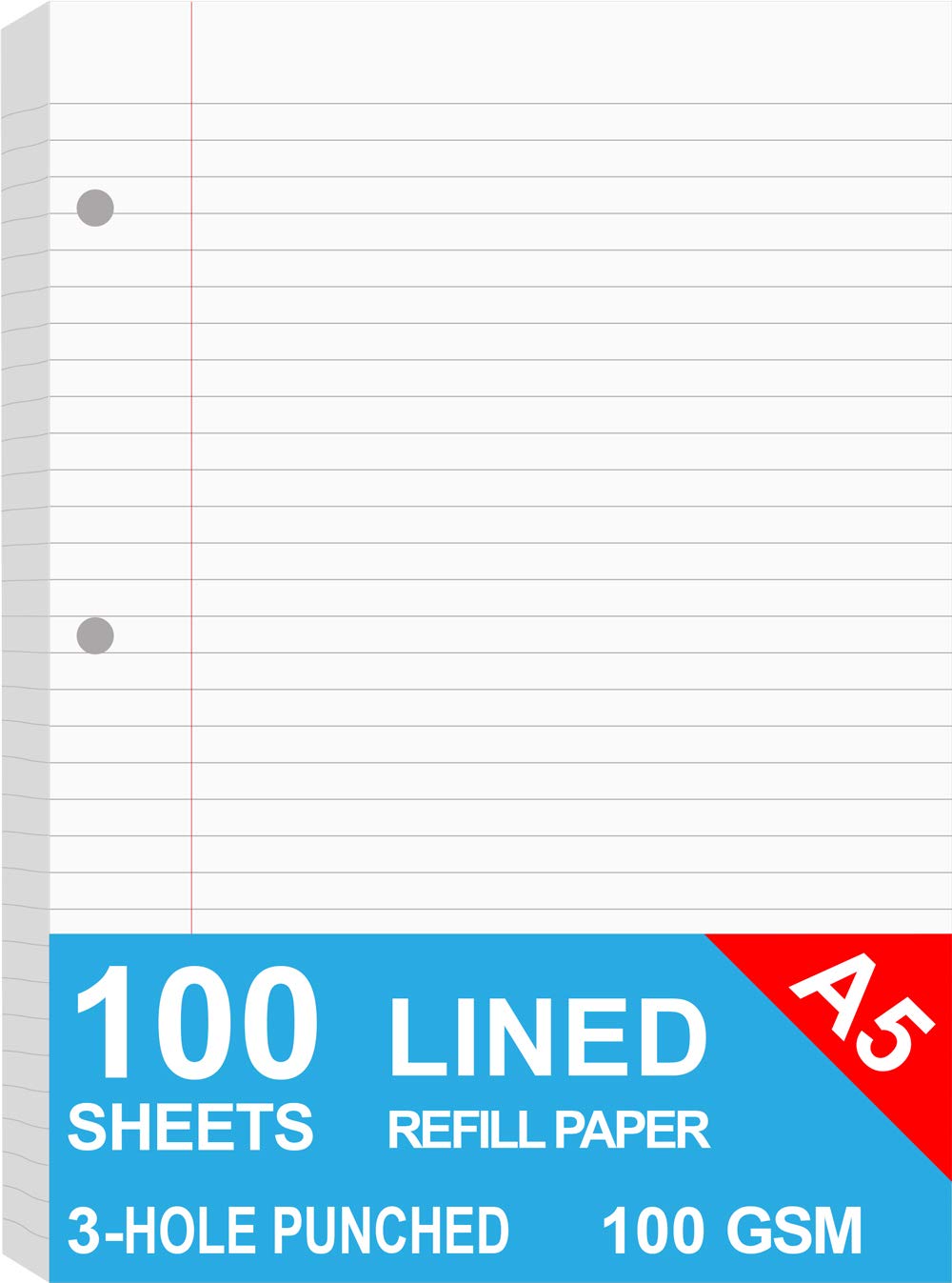 A5 Filler Paper, 3 Hole Planner Refills, Organizer, Loose-Leaf Binder Paper, 100 Sheets/200 Pages, Lined, 100Gsm, White, 5.8 X 8