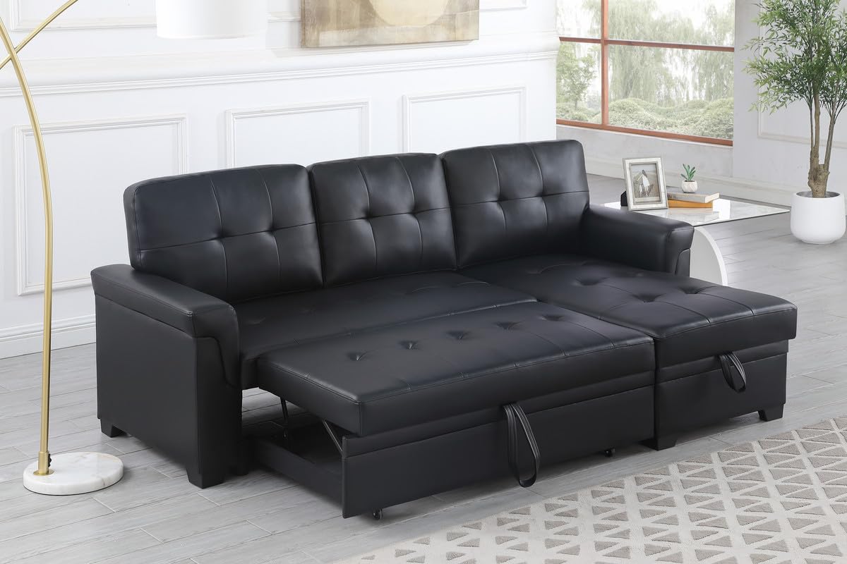 Lilola Home Lucca 83.5&quot; W Black Vegan Leather Modern Reversible Sleeper Sectional Sofa with Storage Chaise