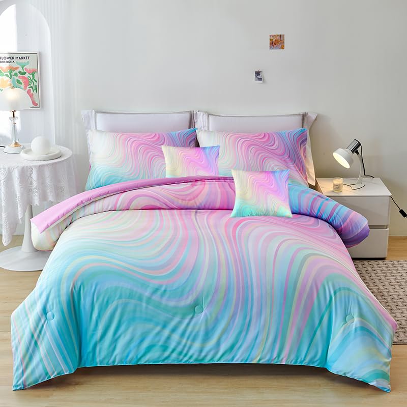 Helloosuu 7Pcs Girls Comforter Sets Queen,Pink Comforter Queen,Girls Bed Sets Queen,Bed In A Bag With Flat Sheet And Fitted Shee