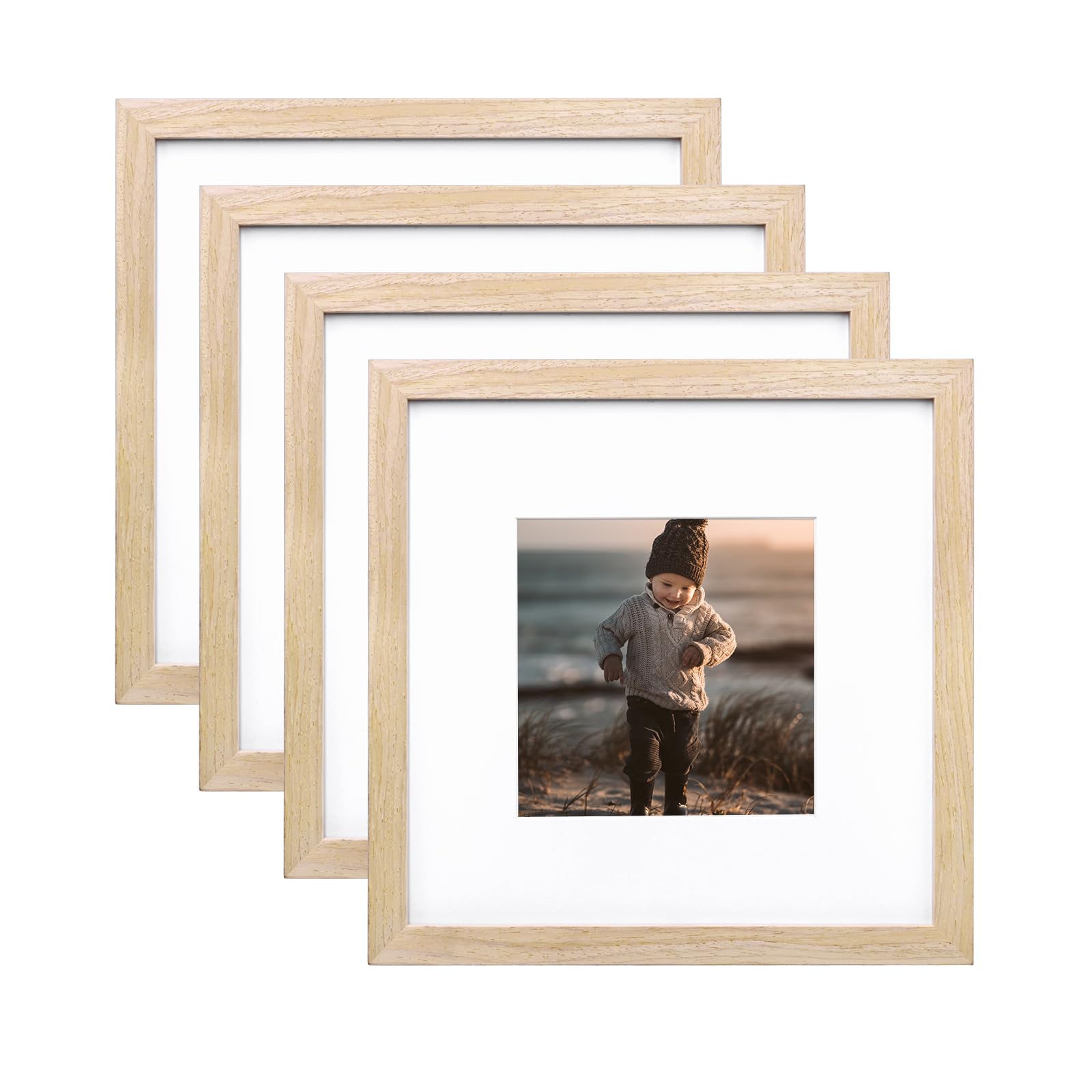 KINLINK 10x10 Picture Frames, Square Natural Wood Frames with Acrylic Plexiglass for Pictures 6x6 With Mat, Tabletop and Wall Mo