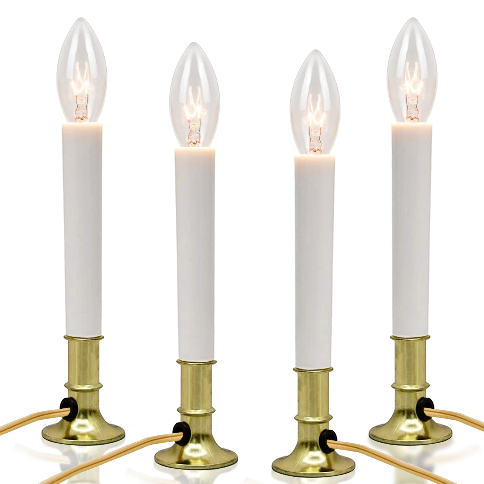Abeja 4 Pack-Electric Christmas Window Candle Lamp with Golden Plated Base, Flameless Taper Candles with C26 Clear Lights Bulb,P