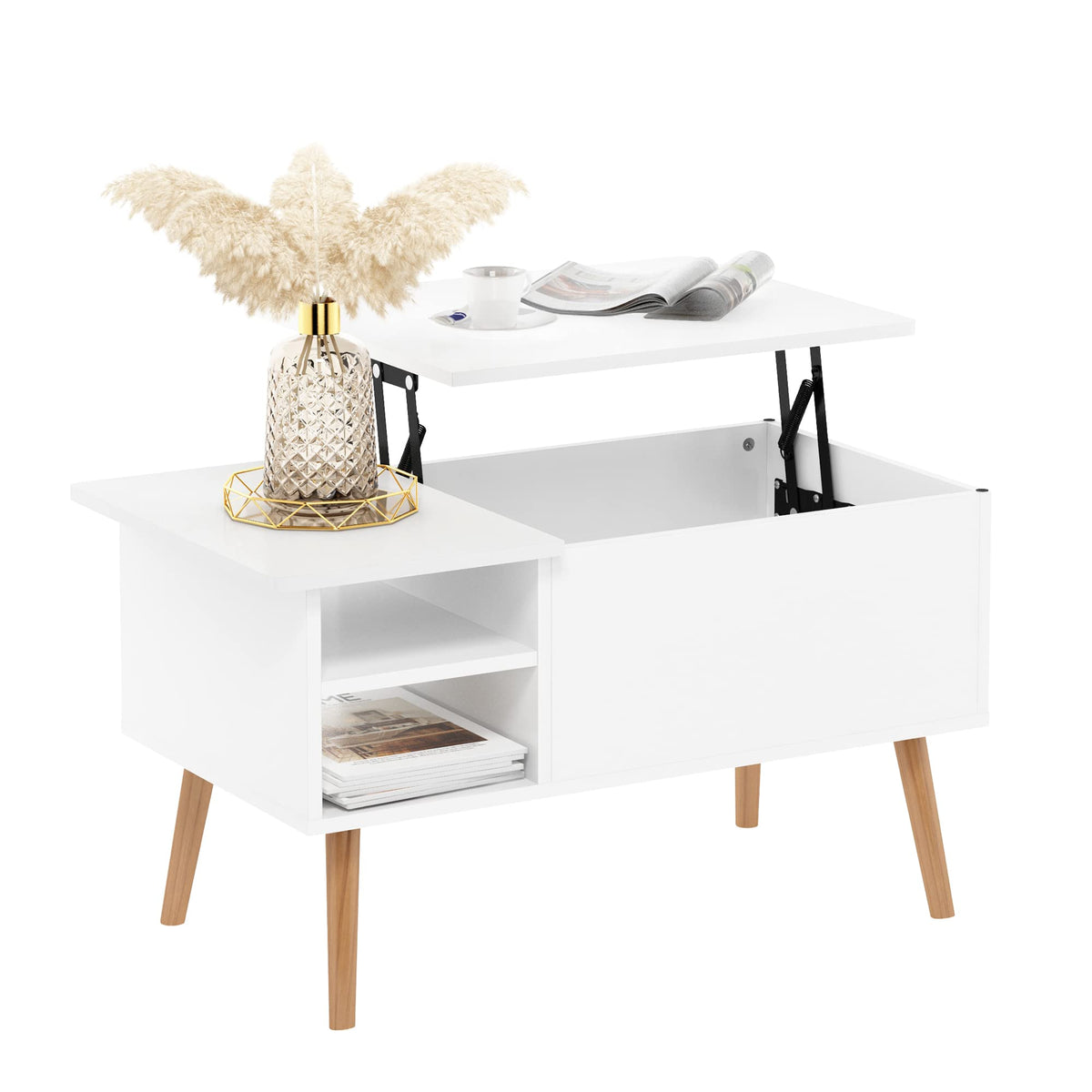 Furinno Jensen Wooden Leg Lift Top Coffee Table With Hidden Compartment And Side Open Storage Shelf For Living Room, Solid White