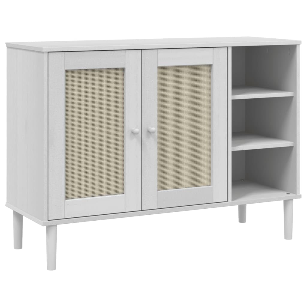 vidaXL Sideboard SENJA in White - Solid Pine Wood Construction with UV Varnish, Rattan Look Doors - Storage Cabinet with Compartments