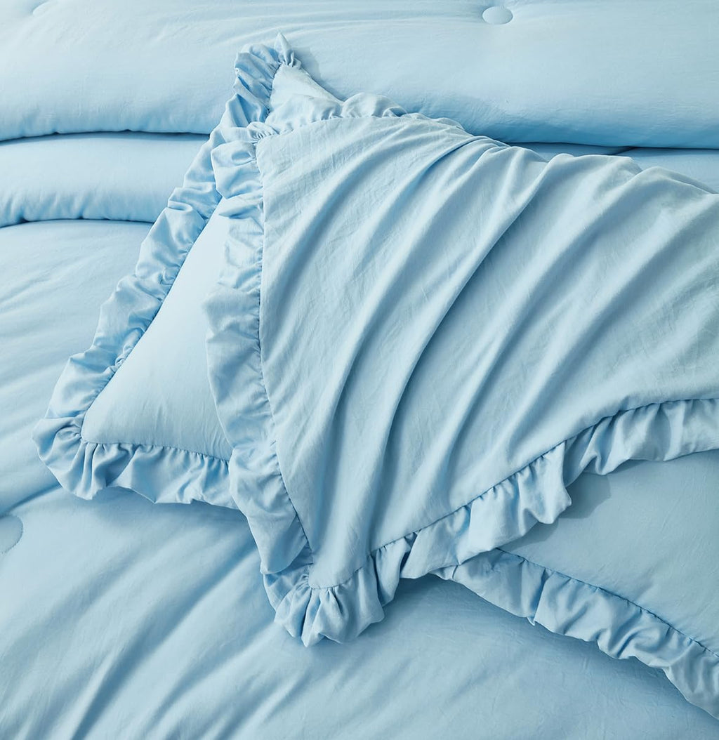 Chezmoi Collection Nora Chambray Blue Comforter Set King Size 3-Piece Fluffy Soft Lightweight Bedding Ruffled Edge Trim Stone-Wa