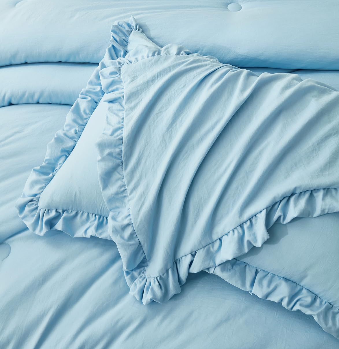 Chezmoi Collection Nora Chambray Blue Comforter Set King Size 3-Piece Fluffy Soft Lightweight Bedding Ruffled Edge Trim Stone-Wa