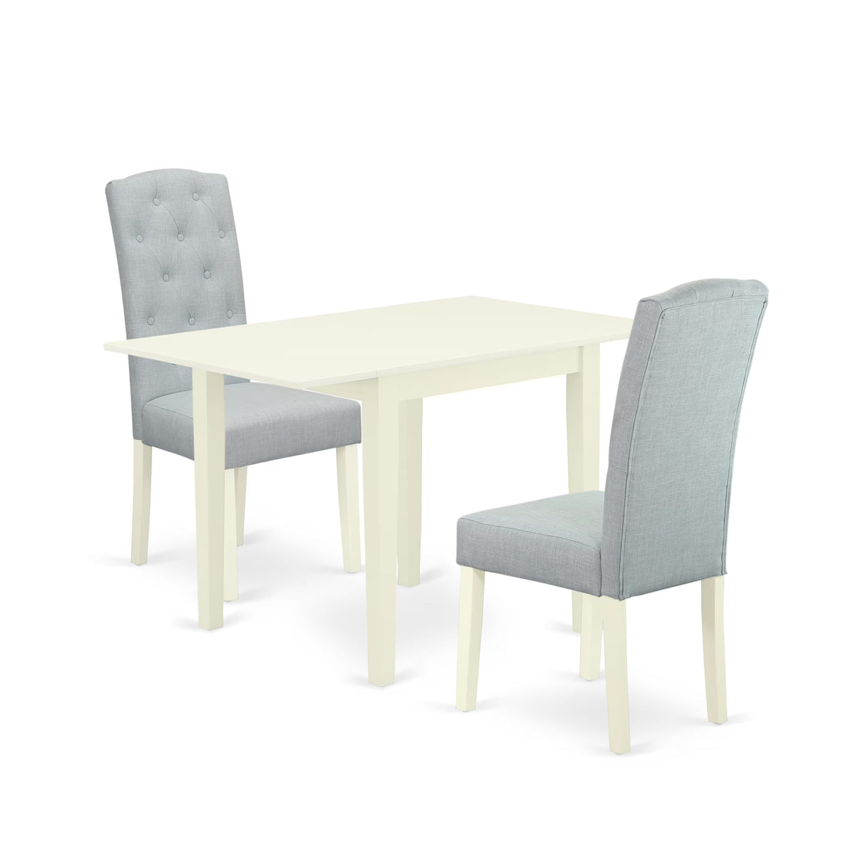 East West Furniture 3 Piece Kitchen Table & Chairs Set Contains A Rectangle Dining Room Table With Dropleaf And 2 Baby Blue Linen Fabric Parsons Chairs