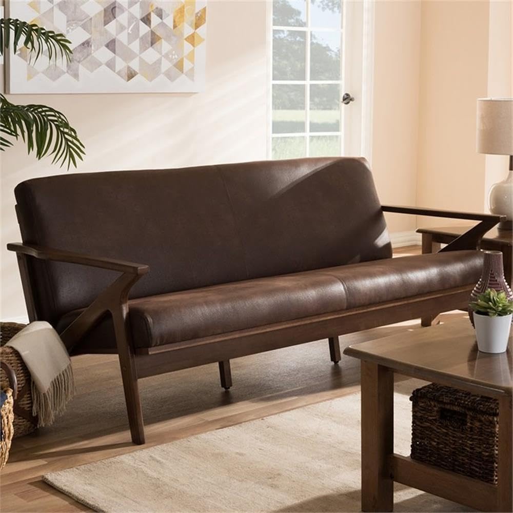 Baxton Studio Bianca Mid-Century Modern Walnut Wood Dark Brown Distressed Faux Leather 3-Seater Sofa/Mid-Century/Dark Brown/Walnut Brown/Faux Leather/Rubber Wood