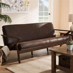 Baxton Studio Bianca Mid-Century Modern Walnut Wood Dark Brown Distressed Faux Leather 3-Seater Sofa/Mid-Century/Dark Brown/Walnut Brown/Faux Leather/Rubber Wood