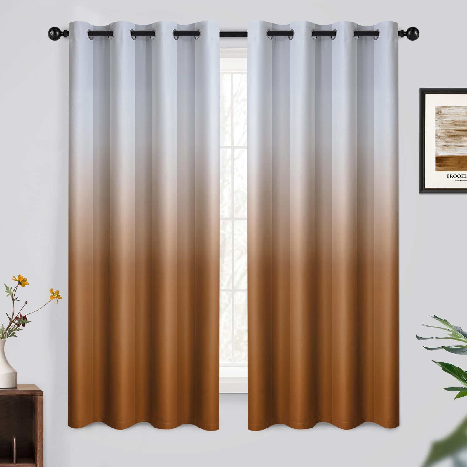 Yakamok 63 Inch Long Ombre Curtains,Thermal Insulated Greyish White To Burnt Orange Color Curtains,Room Darkening Grommet Window