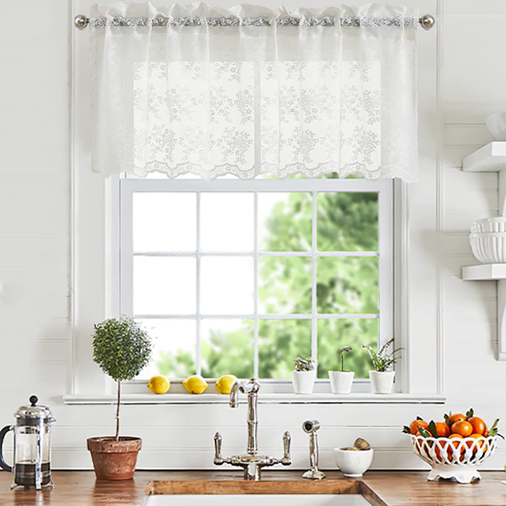 Yj Yanjun Lace Valances For Windows Ivory Antique Floral Cafe Sheer Lace Curtains Scalloped Valances For Living Room Bedroom, Ba