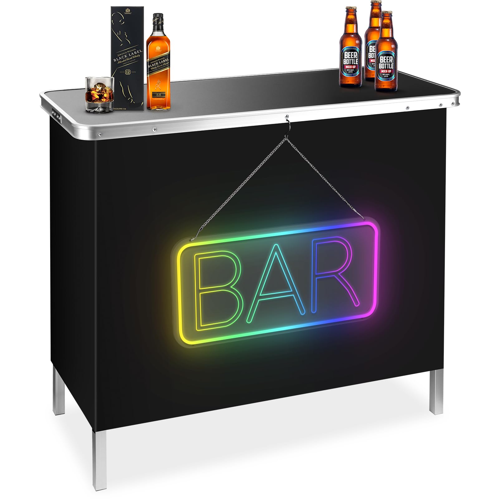 Brillihood Portable Pop-Up Bar Table With Mirrored Bar Neon Sign, Music Sync Bar Table, Led Bar Sign & Table For Outdoor, Patio,