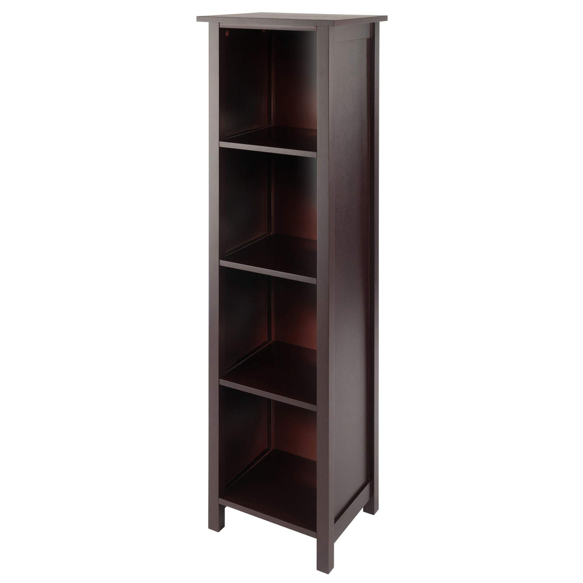 Winsome Wood Milan Wood 5 Tier Open Cabinet in Antique Walnut Finish and 4 Rattan Baskets in Antique Walnut Finish