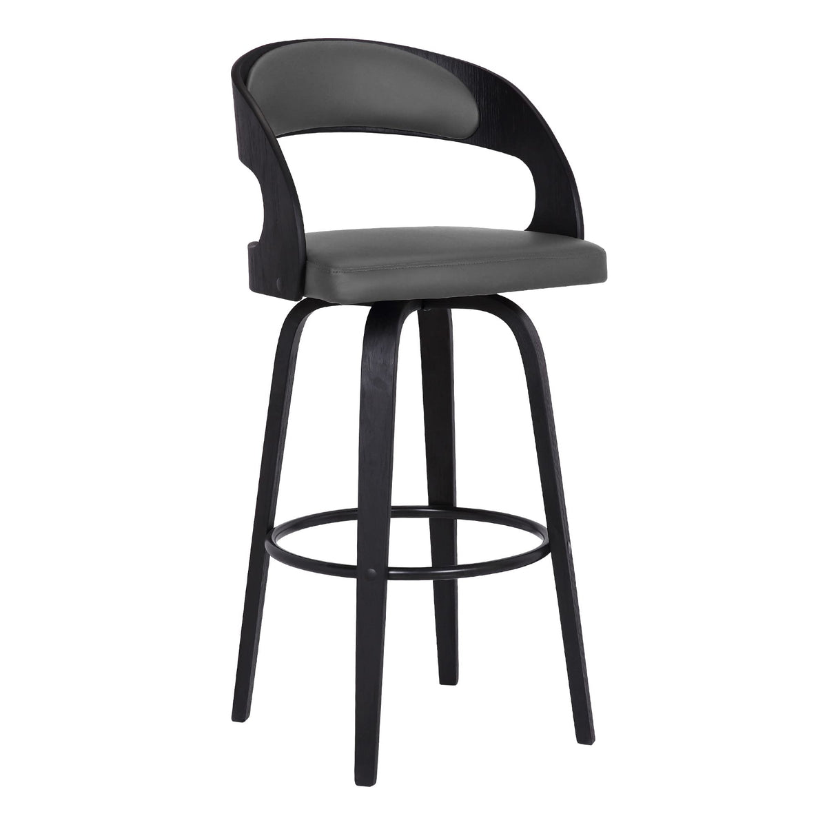 HomeRoots Black Steel,Faux Leather,Plywood Gray Faux Leather Modern Black Wooden Bar Stool