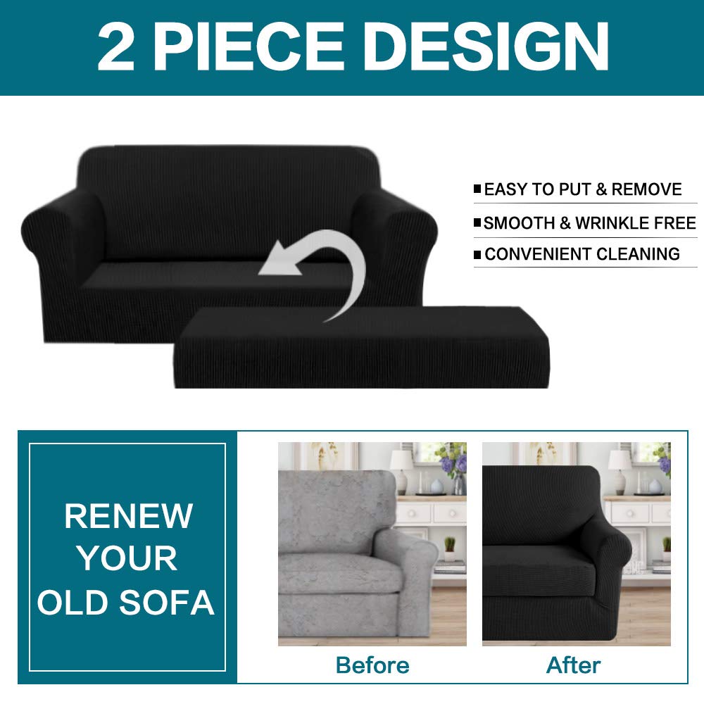 Turquoize Stretch Sofa Slipcover 2 Pieces Sofa Cover Couch Cover For 2 Cushion Couch Washable Furniture Protector Covers With Elastic Bottom Feature Thick Jacquard Fabric (Loveseat, Black)