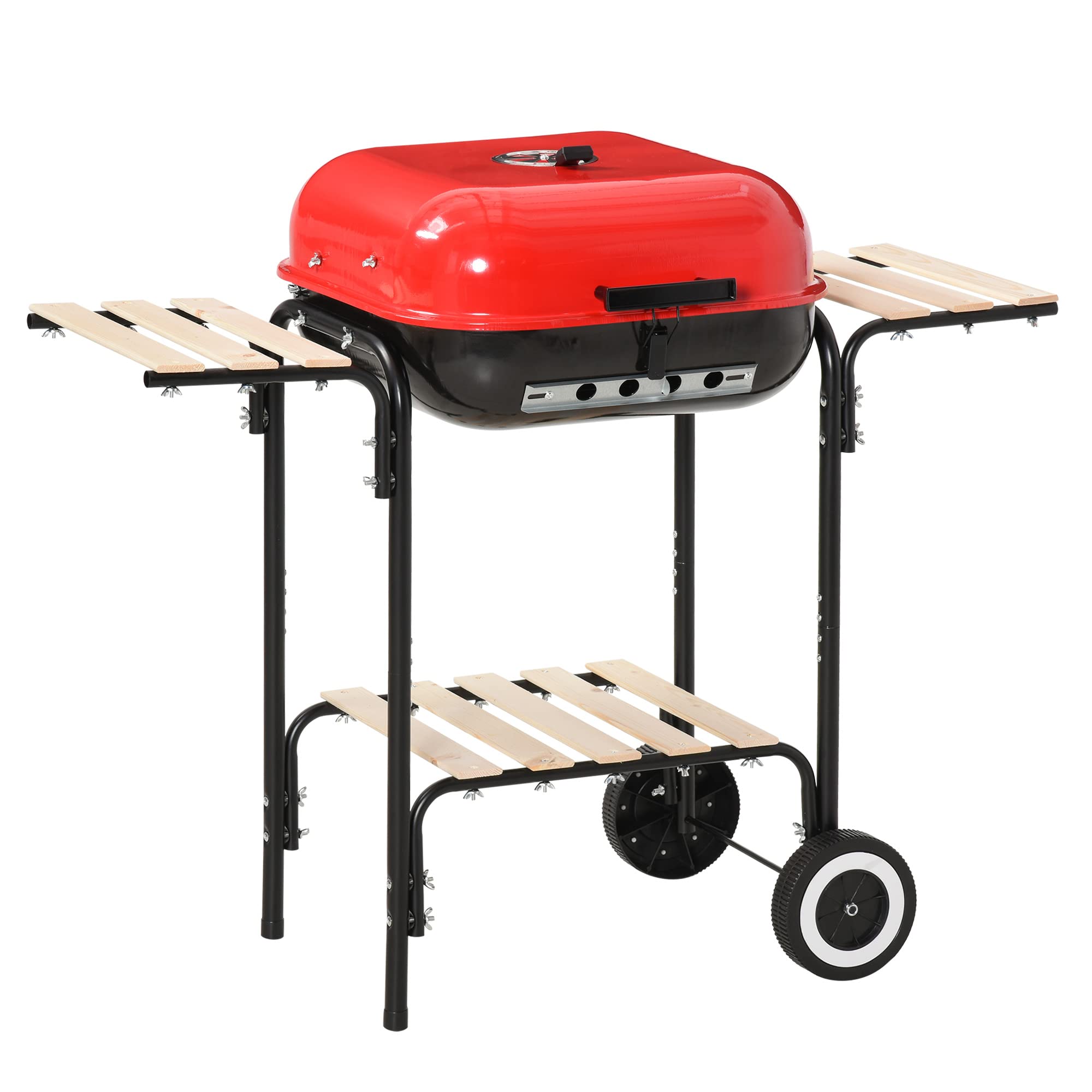 Outsunny Portable Charcoal Grill With Two Side Shelf And Bottom Shelf, Bbq Smoker With Wheels And Adjustable Vents On Lid For Pi
