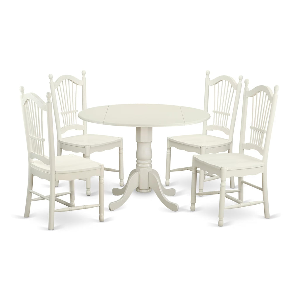 East West Furniture DLDO5-WHI-W Dublin 5 Piece Room Set Includes a Round Kitchen Table with Dropleaf and 4 Dining Chairs, 42x42 Inch, Linen White