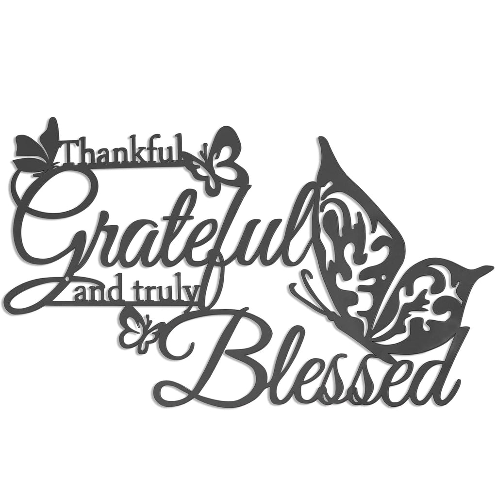 KHayRovies Thankful Grateful and Truly Blessed Art Word Wall Sign Decor, Black Metal Hanging Wall Home Decoration with Butterfli