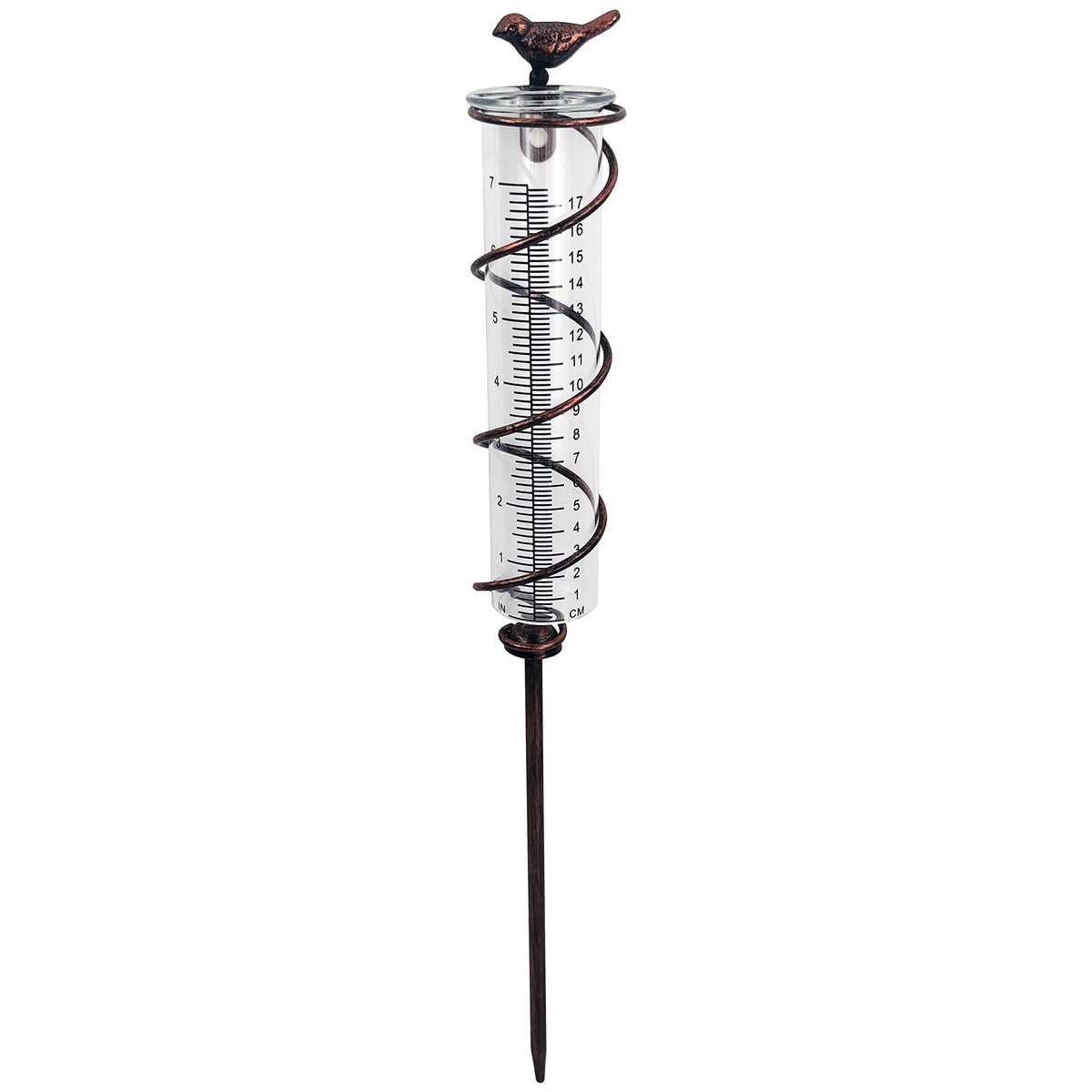 Joybee 7Inch Capacity Glass Spiral Rain Gauge,Cast Iron Bird Hanging Rain Gauge,Garden Rain Water Meter Measuring With Metal Fra